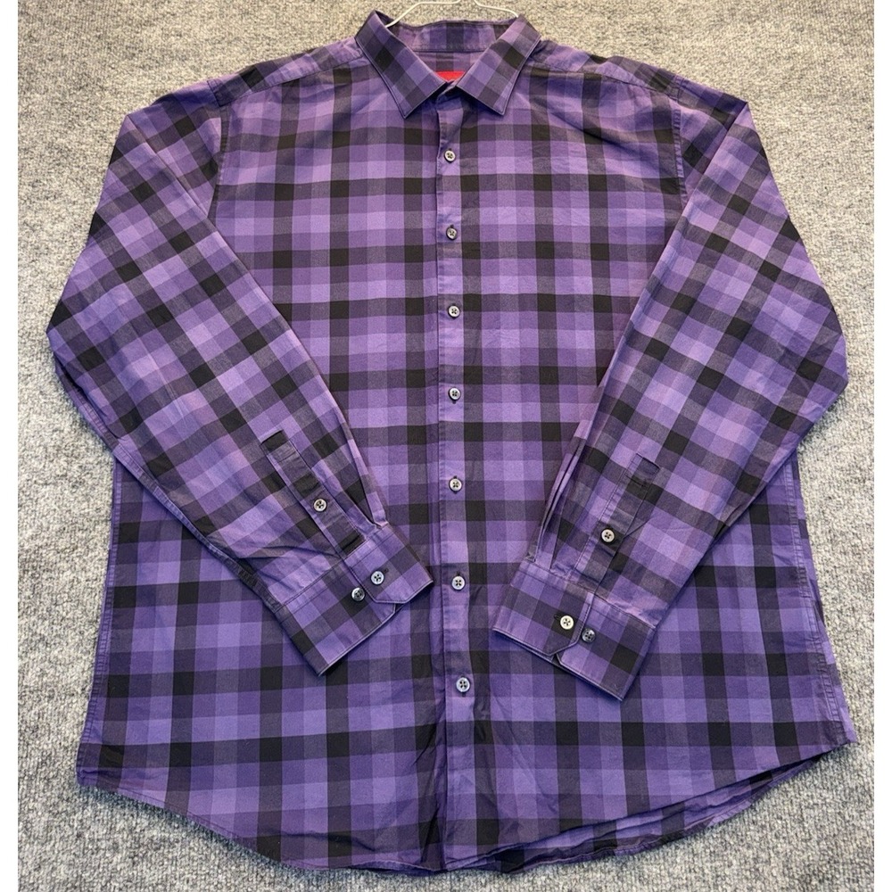 Alfani Stretch Men's XL Purple Black Plaid Button Up Dress Shirt 17-17.5